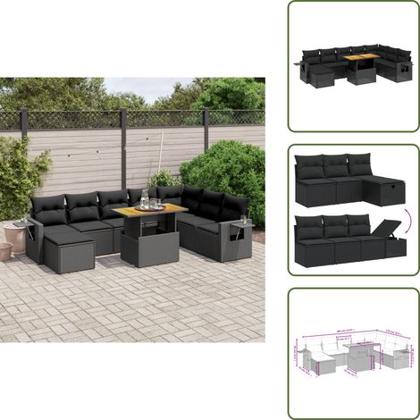 The Living Store 9-tlg. Garten-Sofagarnitur mit Kissen Schwarz Poly Rattan - Gartenmöbel Set - Esszimmergarnitur - Outdoor Möbel - Lounge Garnitur - Rattan Gartenmöbel (1/5)