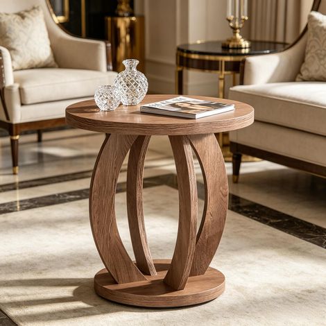 Table basse de style champêtre avec plateau circulaire et espace de rangement - table d'appoint pour le salon (1/5)