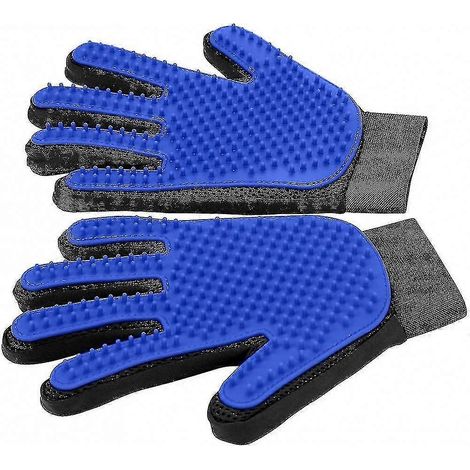 Gant de toilettage pour animaux - Gant efficace pour enlever les poils d'animaux - Conception améliorée à cinq doigts - 1 paire (bleu) (1/5)