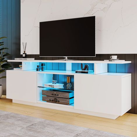 Meuble TV blanc LED 16 couleurs avec portes laquées brillantes et niches en verre, pour TV jusqu’à 60 pouces (1/5)