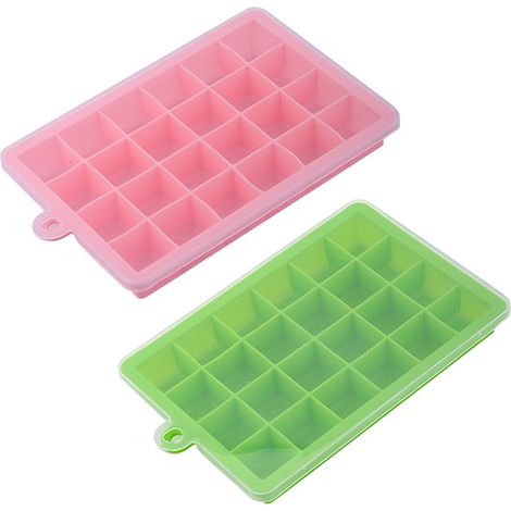 Juego de 2 bandejas flexibles de silicona para cubitos de hielo con tapa, de fácil desmolde, para whisky y comida para bebés. (1/5)