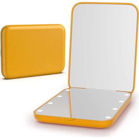 Miroir de poche, grossissement x1/3x, LED, miroir de maquillage compact avec lumière pour sac à main, 2 côtés, portable, pliable, petit miroir lumineux, jaune (1/5)