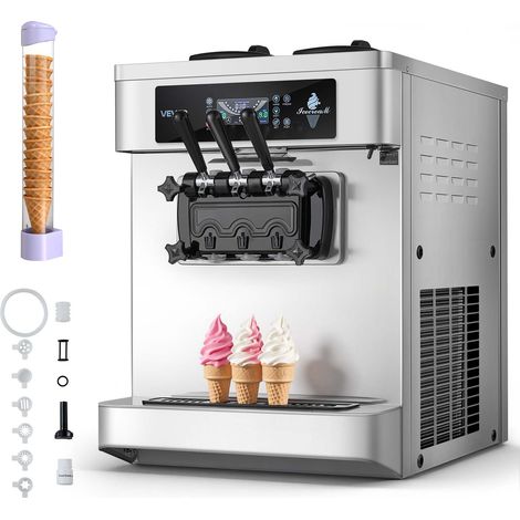 VEVOR Máquina de Helados Comercial 3 Sabores 1800 W Caudal de 20-28 L/h, Máquina para Hacer Helados con 2 Tolvas de 6 L Sobremesa, Preenfriamiento con Alerta de Mezcla Baja para Restaurante, Tienda