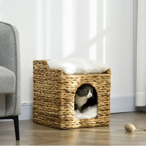 Panier pour chat 37,5x37,5x41,5 cm en rotin marron, 2 niveaux, pour chat FloraGrace (1/5)