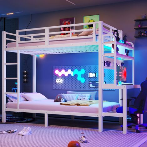 Lit superposé enfant 90x200cm avec bureau, étagères, LED et port USB, structure en métal, pour chambre, blanc (1/5)