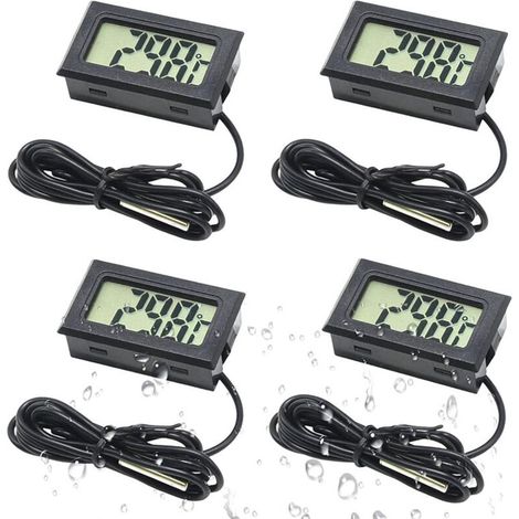 Lot de 4 thermomètres numériques LCD avec sonde externe étanche pour réfrigérateur , congélateur , aquarium , aquarium , température de l'eau (noir)