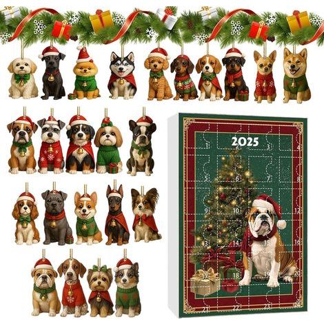 Calendrier de l'Avent – Pendentif en acrylique 2D en forme de chien – 24 jours de décoration de sapin de Noël pour arbre, maison, vacances, fenêtre, porte, mur (1/5)