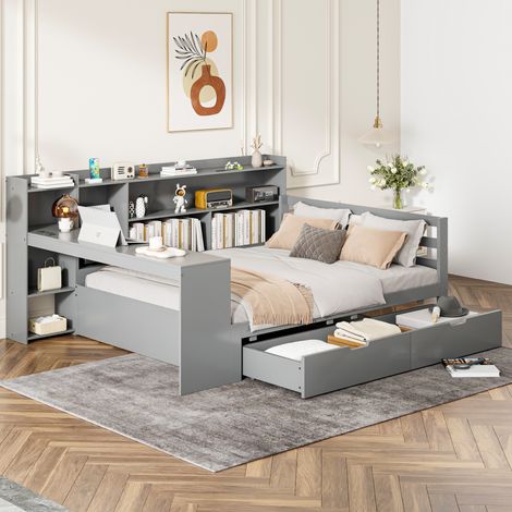 Canapé-lit en bois massif 140200 cm, avec bureau, bibliothèque, niches et étagères, avec prise, avec 2 grands compartiments de rangement, lit double multifonctionnel, gris (1/5)