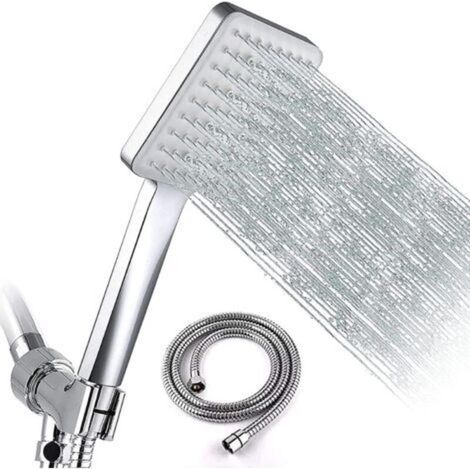 Pommeau de douche à main haute pression pour plusieurs pulvérisations. Pommeau de douche rectangulaire léger à profil bas. Tuyau en acier inoxydable et support de montage réglable (1/3)