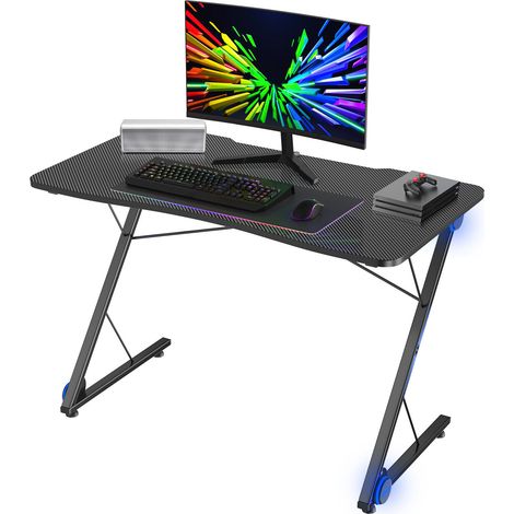 Z-Shaped Ergonomic Gaming Desk Home Office Computer Table W/ Blue Lights (1/5)