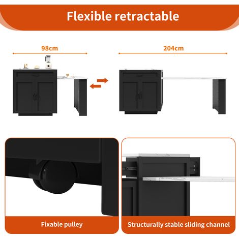 Isla de cocina extensible 204x70x93,5 cm de MDF negro con almacenaje – MEUBLIV (1/5)