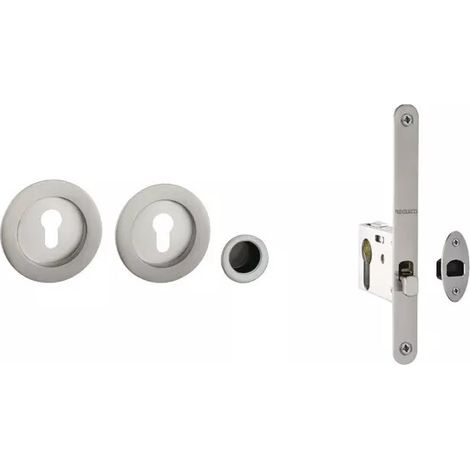 Set porte coulissante Alu BDC - Nickel satiné - Set porte coulissante à cylindre rosace ronde. Cylindre non inclus.