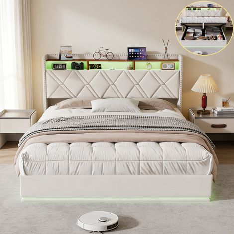 Lit Coffre 160x200cm,Lit Double avec LED et USB/Type-C,Tête de Lit avec Rangements,Cadre de Lit Adulte Adolescent avec Sommier,Lit 2 Place,Tissu lin,Beige (1/5)