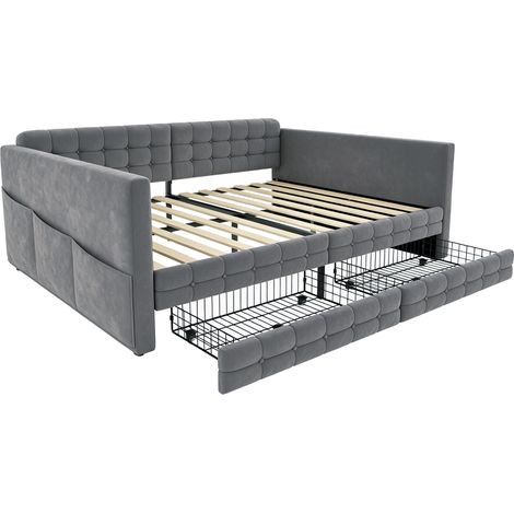Letto contenitore capitonne 140 x 190 cm grigio in velluto con vani e cassetti (1/5)
