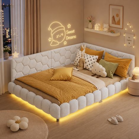 Lit double 140×200 cm, lumière LED réglable, lit capitonné avec port USB, cadre de lit 140×200, canapé-lit, style moderne, sommier à lattes, lit adulte, lit ados, laine d'agneau, Beige (1/5)