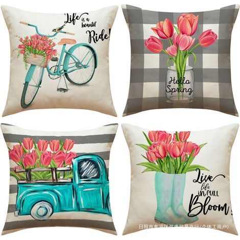 BRAVIX Lot de 4 Taie d'oreiller Extérieure Imperméable en Lin Moderne Housse de Coussin Ferme Printemps Plante Fleur Motif Carrées 45x45cm Housse Coussin pour Canapé Maison Salon Chambre Décoration (1/4)