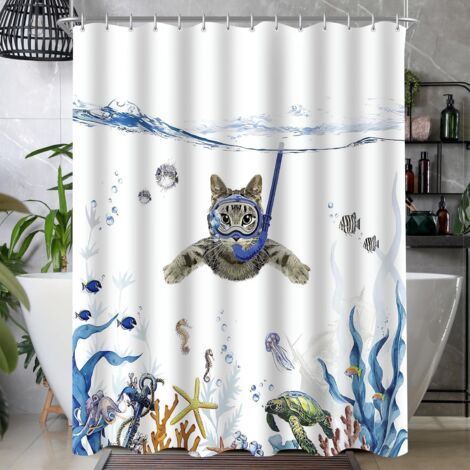 motif chat de natation anti-moisissure, ourlet lesté, imperméable, lavable, en tissu polyester, avec 6 œillets et anneaux de rideau de douche