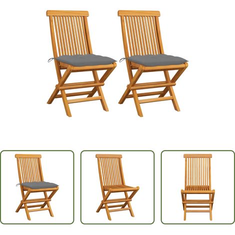 Teakholz - Gartenstühle mit Grauen Kissen 2 Stk. Massivholz Teak (1/5)