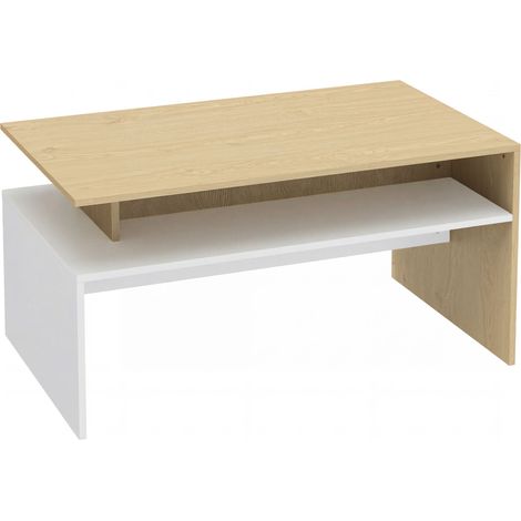 Tavolino da Salotto 95x55x50 cm con Mensola Asimmetrica in MDF Legno Naturale e Bianco (1/5)