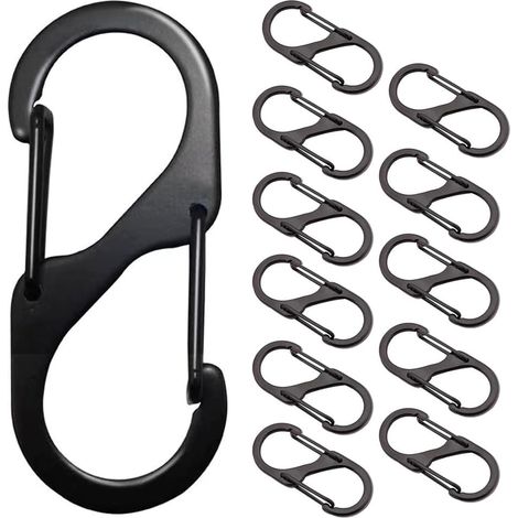 12 Stück S Karabiner Mini Karabinerhaken Metall Doppelkarabiner 8 Förmiger 2 Öffnungen 32mm Karabiner Klein für Outdoor Camping Zuhause Wandern Schwarz (1/5)