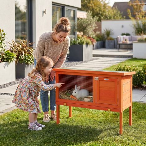 Clapier surélevé en bois avec toit en bitume à charnières et tiroir coulissant, 90 x 45 x 65 cm, orange (1/5)