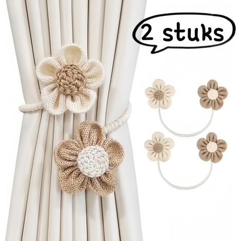 Lot de 2 embrasses de rideaux tressées à motif floral avec boucle réglable en corde de chanvre pour décoration de rideaux couleurs beige et kaki (1/5)