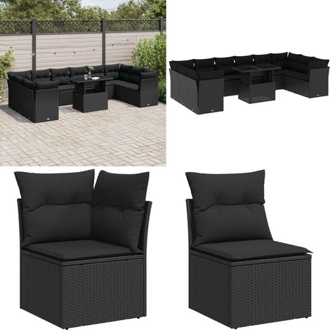 11-tlg. Garten-Sofagarnitur mit Kissen Schwarz Poly Rattan - Gartensortiment - Esszimmergarnitur - Lounge Möbel - Outdoor Sofa - Gartenmöbel Set - Home & Living (1/5)