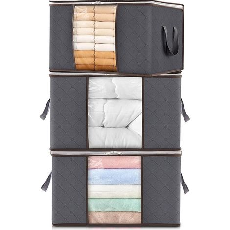 Sac de Rangement Vetement, Boite Rangement Pliable, Grand Caisse Rangement Cartons pour Couvertures Jouets Vêtements, 60 L, Lot de 3