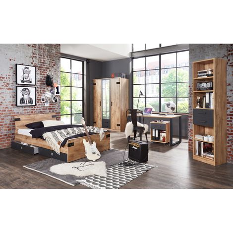 Ensemble chambre adulte Imitation chêne poutre -90 x 200 cm -PEGANE-