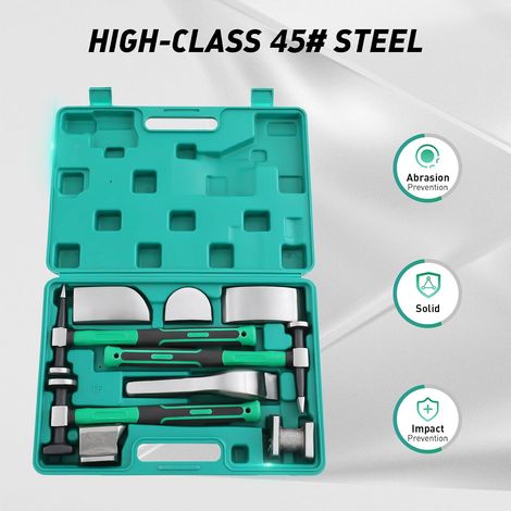 Kit d'outils de débosselage de carrosserie 9 pièces avec marteaux à débosseler, outil de débosselage professionnel pour le travail précis de la tôle, réparation de dents sans peinture sur voiture et (1/5)