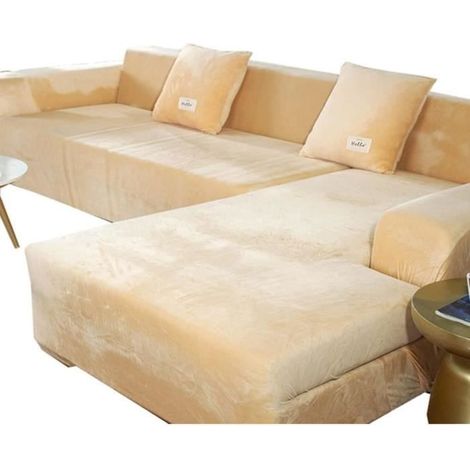 Housses de canapé 4 places d'angle en velours,YSTP housse de canapé en forme de L pour le salon, antidérapante,235-300cm,beige (1/4)
