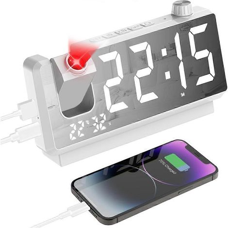 Réveil à projection pour chambre avec veilleuse RGB, grand écran LED 7 pouces, double alarme, affichage de la température et de l'humidité, fonction snooze. (1/5)