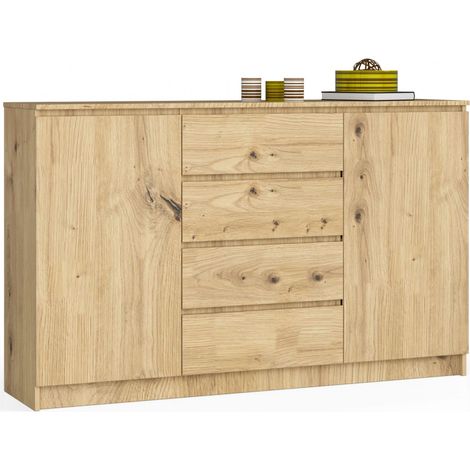 Cómoda AKORD K160 Roble Artisan 160 cm 2 puertas 4 cajones frente en color Roble Artisan 4 estantes 160x40x99 cm
