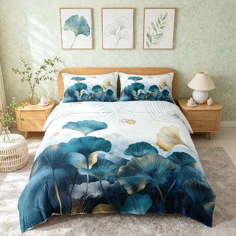 Ginkgo Leaf Printed Duvet Cover 220x240cm Leaf Flower Botanical Bedding Set Blue White Gold Bedding Set Nature Theme Bedding Set (1/5)