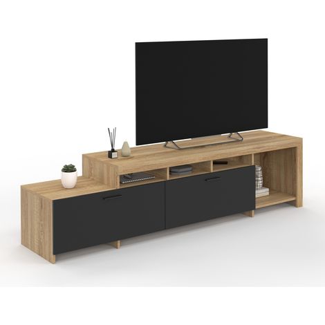 Idmarket – Meuble TV 180 cm avec 2 placards noirs – Plateau bois de hêtre – Dimensions 180x40x45 cm – Rangement pratique avec passe-câbles