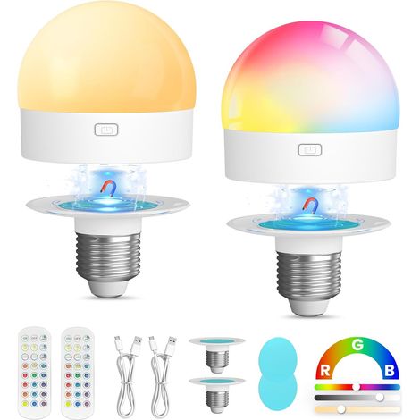 Rechargeable bulbs for lamps: 3000mAh E26 battery-powered bulb with remote control and timer, 3 color temperature settings + 12 RGB magnetic dimmable puck lights for Sconce (1/5)
