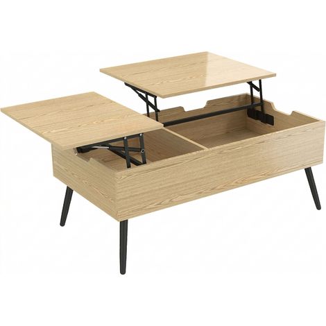 Table basse escamotable double plateau, table de salon avec espace secret et pieds métalliques, bois naturel (1/5)
