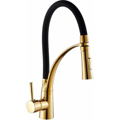 Robinet de cuisine extensible doré et noir avec douchette extractible - Mitigeur monocommande pivotant à 360° en laiton (1/5)