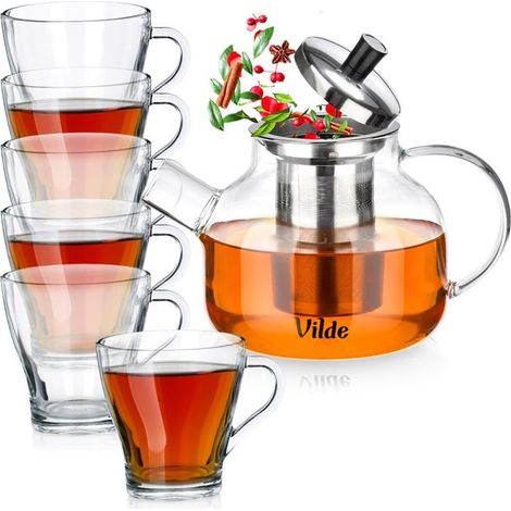 Théière en verre - Set avec infuseur et 6 verres - 850 ml + 250 ml - Transparent (1/5)