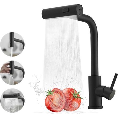 Robinet de Cuisine Noir avec Pulvérisateur Extractible, Robinet de Cuisine Cascade en Acier Inoxydable, Robinet d'évier de Cuisine à Poignée Unique avec Pulvérisateur Extractible Pour 3 Fonctions (1/4)