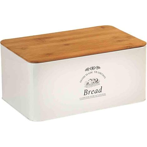 Boîte à pain en métal et bambou - Blanc - L 32,5 x l 15 cm x H 21 cm - Livraison gratuite (1/4)