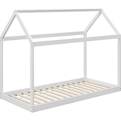 Single Bed Frame- House Scandinavian Style Wooden Bed Frame for 90W 190Dcm Mattress- Pine Wood Bed Base- White (1/5)