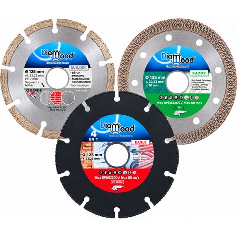 DIAMWOOD - Pack 3 Disques Diamant 125 mm - RAZOR Grès Cérame Marbre, BUILDER Béton Parpaings, EAGLE Carbure Bois Plastique Plâtre - Al. 22,23 mm - Meuleuse 125 mm (1/5)