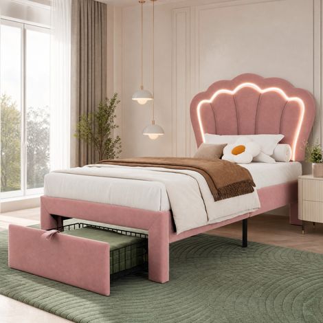 Cama infantil 90x200 cm de terciopelo rosa con almacenaje y LED (1/5)