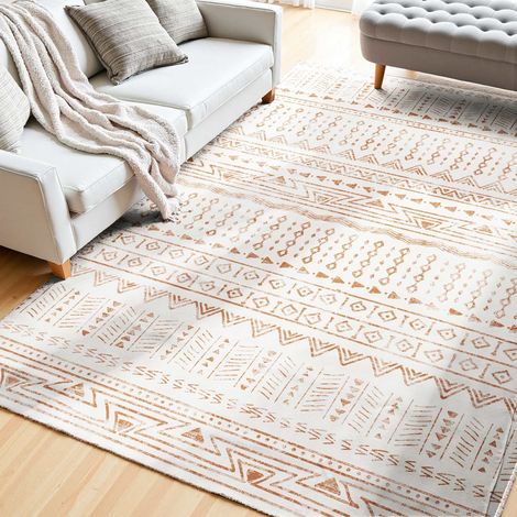 Tapis Salon, 1,5 x 2,1 m, Grand Tapis Chambre Lavable Antidérapant, Poils Courts et Denses, Résistant aux Griffures Animaux, Doux Confortable, Style Moderne, pour Chambre, Bureau, Entrée, Beige (1/5)
