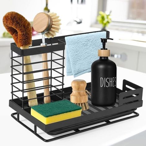 Porte Eponge Evier Cuisine, Organisateur D‘évier en Acier Inoxydable de Rangement pour éponge avec Ustensiles et Bac D‘égouttement, Evier Cuisine Rangement pour Cuisine et Salle de Bain