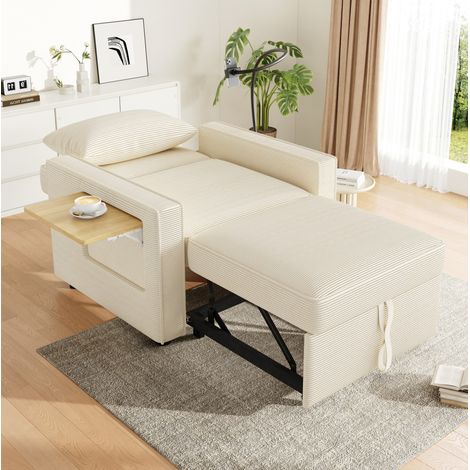 Divano letto 1 posto 93x150x85 cm, reclinabile in 3 posizioni, con porta USB e Type C, velluto a coste beige (1/5)