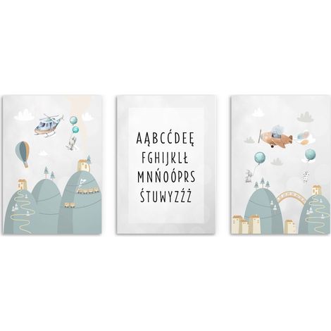 Kinderposter Alphabet Berge Pastell Flugzeug 3er Set Bilder 50x70 (1/5)