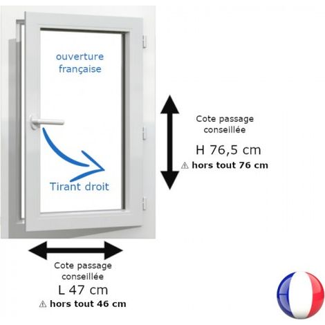 Fenêtre PVC blanc 1 vantail hors tout H 76 x L 46 cm ouverture française pour pose rénovation - tirant droit