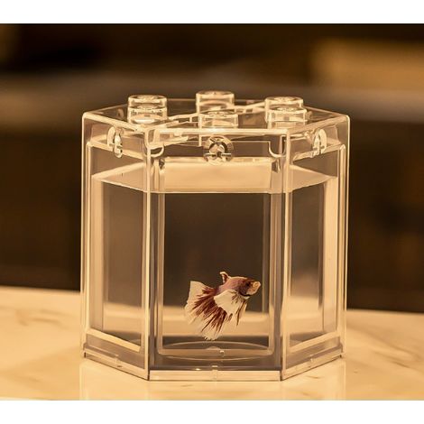 Petit Aquarium en forme hexagonale, Mini réservoir de poissons portable superposable pour décoration de bureau en plastique 12x11.5x11cm (Transparent)